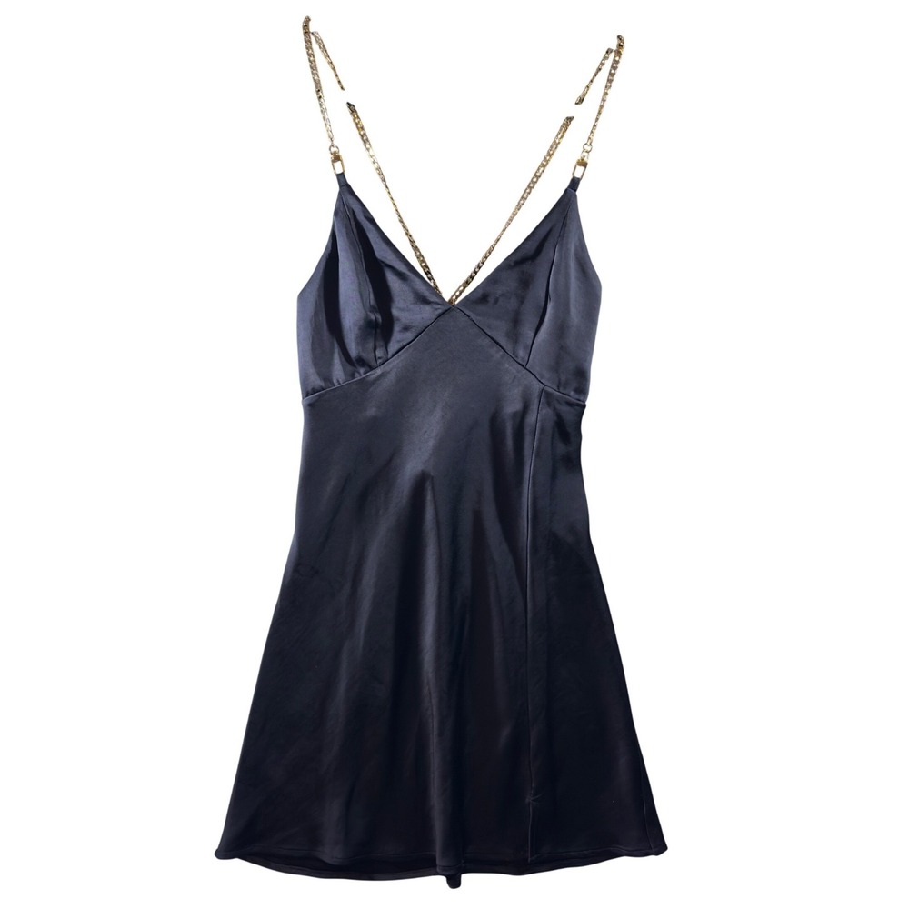 321 | Altar'd State Womens Medium Gold Chain Strap Satin Slip Mini Dress Blue